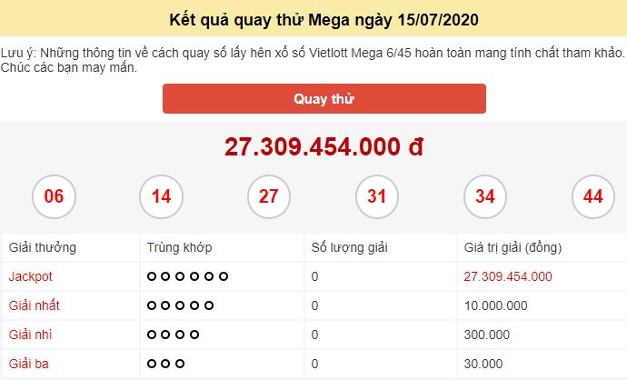 Kết quả quay thử Vietlott Mega ngày 15/7/2020